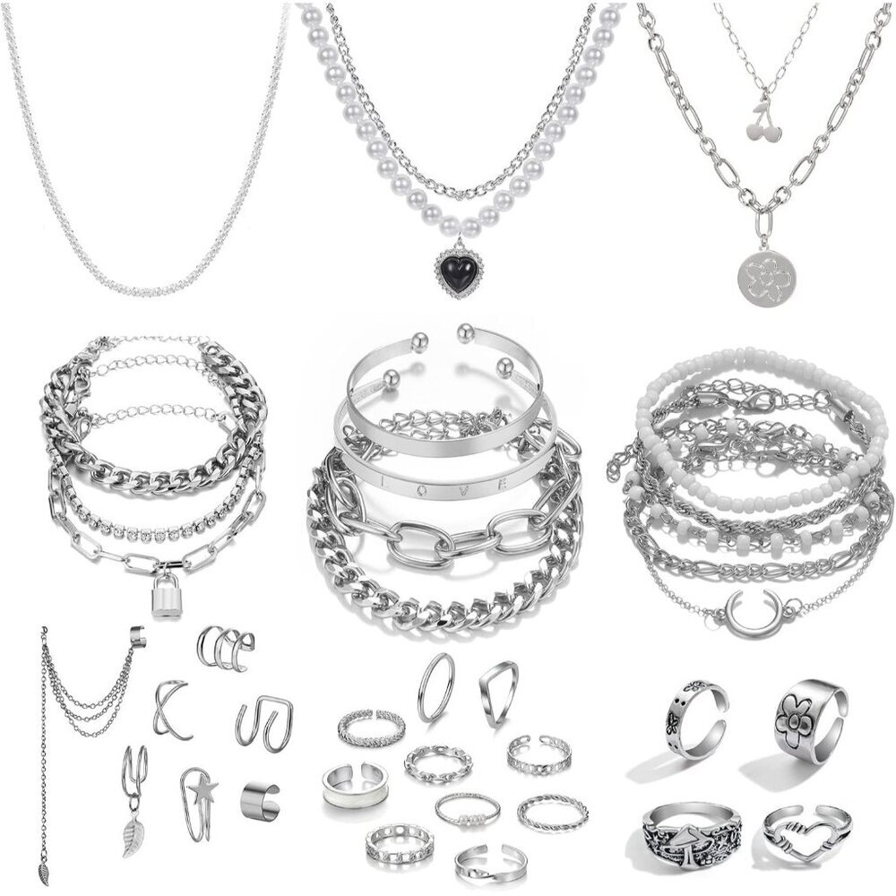 〽️Women's Necklace Bracelet Ear Cuffs Earring 36 PC Silver Plated Jewelry Set